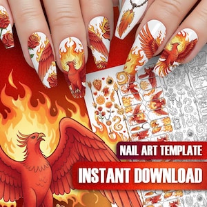 May include: Nail art template with a phoenix design. The image displays manicured nails with phoenix and flame designs, alongside a sheet of nail art stickers. The text "NAIL ART TEMPLATE" and "INSTANT DOWNLOAD" are visible.