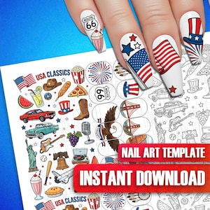 Nagelkonstmall: Patriotiska USA-dekaler, klistermärken, övningsblad för klassiska amerikanska naglar