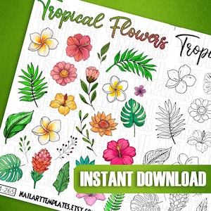 May include: A sheet featuring colorful tropical flower and leaf illustrations. The design includes various flowers in shades of pink, yellow, and orange, along with green leaves. The text "Tropical Flowers" is at the top, and "Instant Download" is at the bottom.