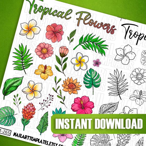 Tropical Flower Nail Art Templates: Outline Sheets for DIY Decals, Wraps and Summer Manicure Practice