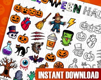 Halloween Nail Art Template | Digital Nail Decals | Nail Stickers | Water Slide Nail Wraps | Pumpkins Ghosts Cats Bats Zombies Designs