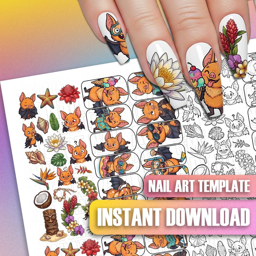 Bat Wraps Printable Nail Art Template: Bat Decals Stickers Practice Sheet Tropical Flowers ...