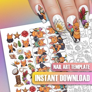 Peut inclure: Gabarit d'art d'ongle avec des chauves-souris de dessin animé dans diverses poses, avec des lunettes de soleil, de la crème glacée et des appareils photo. Le design comprend des fleurs tropicales, des coquillages et le texte "NAIL ART TEMPLATE" et "INSTANT DOWNLOAD". L'image montre également une main avec des ongles décorés.