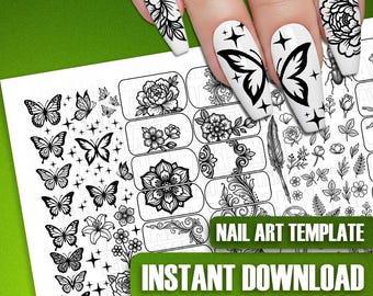 Nail Art Template: Butterfly Floral Decals Stickers Wraps Practice Sheet Black White