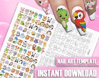 May include: A nail art template sheet featuring numerous small, colourful cartoon animal stickers, including a flamingo, dinosaur, parrot, and otter, alongside matching black and white line art outlines for nail decoration and design application.
