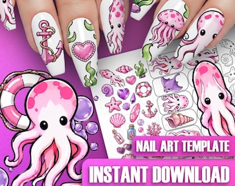 Summer Marine Nail Art Template: Decals, Stickers, Wraps, Practice Sheet, Ocean Manicure