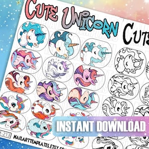 Unicorn Nail Art Templates | Cute Unicorn Nail Decals | Digital Printable Stickers | Nail Practice Sheets | DIY Nail Art Guide | Nail Design