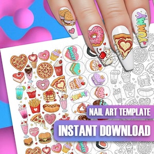 以下が含まれることがあります： ピザ、ドーナツ、ハンバーガーなど、食べ物をテーマにしたデザインのネイルアートテンプレート。画像は、食べ物のイラストが描かれたネイルで飾られた手を示しています。テンプレートには「NAIL ART TEMPLATE」と「INSTANT DOWNLOAD」の文字が含まれています。