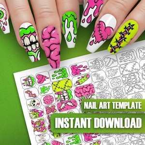 May include: A sheet of nail art stickers featuring various horror-themed designs including brains, stitched hearts, dripping slime, and teeth. The stickers are displayed alongside fingernails decorated with matching vibrant pink and neon green patterns.