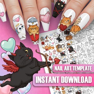 May include: Nail art template featuring various cat designs. The nails showcase white backgrounds with cartoon cats, hearts, and angel wings. A black cat with devil horns and wings is also present. The template includes the text "NAIL ART TEMPLATE" and "INSTANT DOWNLOAD".