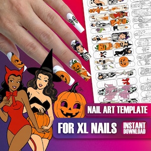 May include: A sheet of Halloween-themed nail art decals featuring illustrations of pin-up characters in costumes, pumpkins, and bows. The sheet includes various designs for XL nails, with text reading NAIL ART TEMPLATE FOR XL NAILS INSTANT DOWNLOAD.