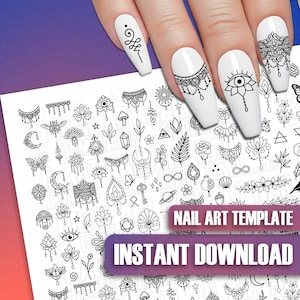 Mystic Botanical Nail Art Template: Practice Sheet Decals Stickers Wraps Celestial Gothic Floral