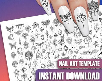 Modèle de nail art botanique mystique : feuille de pratique Stickers autocollants Wraps gothique céleste floral