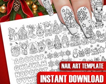May include: A white sheet featuring black line art illustrations of Christmas icons including a snowman, gingerbread house, Santa Claus, reindeer, and alphabet letters. The text NAIL ART TEMPLATE and INSTANT DOWNLOAD is visible.