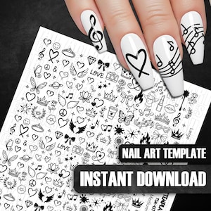 Nail Art Decals Stickers Templates Practice Sheets: Hearts Crowns Bows Music Notes Flowers Butterflies