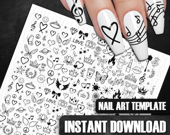 Nail Art Decals Stickers Templates Practice Sheets: Hearts Crowns Bows Music Notes Flowers Butterflies