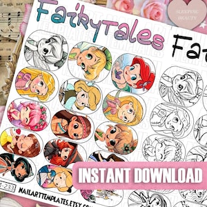 Sprookjesprinses nailart-sjablonen | Schattige cartoonmeisjes nagelontwerpen | Kawaii digitale oefenbladen | Afdrukbare nagelstickerset