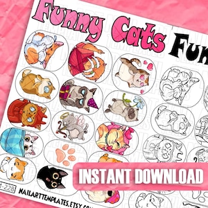 Cute Cat Nail Art Templates Set | Funny Kitten Digital Nail Decals | DIY Practice Sheets for Nails | Printable Cat Nail Design Art Kitty