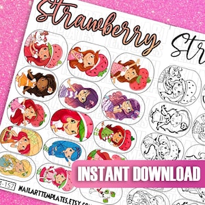 Strawberry Themed Nail Art Templates | Digital Character Nail Decals | Printable Practice Sheets | Nail Sticker Guides | Cute Digital Design