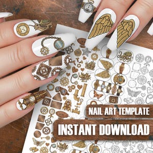 Peut inclure: Gabarit d'art d'ongle sur le thème steampunk avec divers motifs, notamment des engrenages, des horloges, des ailes et d'autres éléments mécaniques. Les ongles sont peints en blanc et décorés d'illustrations détaillées. Les mots "NAIL ART TEMPLATE" et "INSTANT DOWNLOAD" sont visibles.