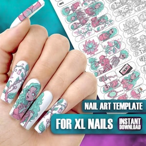 Gothic Girl Nail Art Template XL Practice Sheet: Skeleton Floral Decals Printable Nail Sticker Wrap