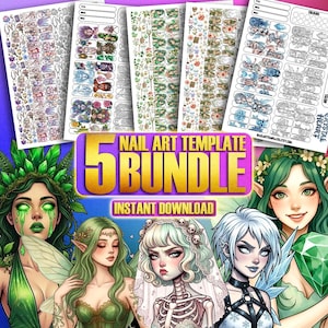 Puede incluir: Un paquete de cinco plantillas de arte de uñas con ilustraciones de hadas y diseños florales. Las plantillas se muestran con una pancarta morada y dorada que dice "5 Nail Art Template Bundle Instant Download". La imagen también presenta ilustraciones de personajes de fantasía.