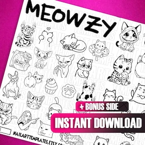 Cute Cat Nail Art Template | Kawaii Kitty Decal Sheet | Funny Cartoon Cats for Nails | Nail Design Practice | Cat Lover Nail Stickers