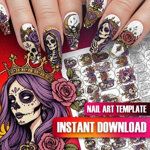 May include: A nail art template featuring a collection of stickers with illustrations of skulls, roses, moths, and crowns in purple, red, and gold tones. The sheet includes multiple rectangular designs for application on fingernails.