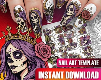 Gothic Skeleton Nail Art Template: Floral Skull Decals, Dark Wraps, Sticker Practice Sheet
