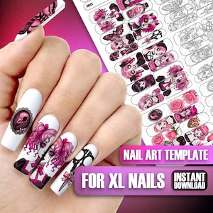 May include: A hand displays long, white XL nails decorated with gothic-themed nail art. The designs include skulls, dolls, roses, and scissors. A sheet of nail art templates is visible, with the text "NAIL ART TEMPLATE" and "FOR XL NAILS INSTANT DOWNLOAD".