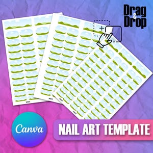May include: Three sheets of nail art templates with a repeating design of blue and green landscape elements. The Canva logo is in a circle on the bottom left, and the words "NAIL ART TEMPLATE" are in a purple banner.