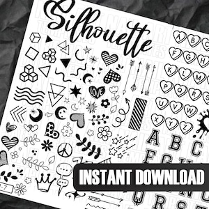 May include: Black and white silhouette clipart images. The images include hearts, arrows, stars, flowers, leaves, and letters. The text "INSTANT DOWNLOAD" is at the bottom of the image.