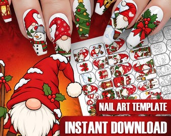 May include: A sheet of Christmas-themed nail art decals featuring illustrations of gnomes, snowmen, decorated pine trees, lanterns, and holly. The text NAIL ART TEMPLATE and INSTANT DOWNLOAD is printed in white on a red rectangular background.