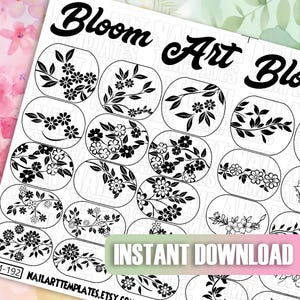 Botanical Nail Art | Floral Nail Decals | Bloom Outline Nail Stickers | Black & White Flower Templates | DIY Printable Nail Wraps