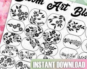 May include: A sheet of nail art templates featuring black floral designs in oval shapes. The sheet has the words "Bloom Art" in large, bold letters at the top. The words "Instant Download" are in a rectangular box at the bottom.