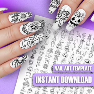 Modelli per nail art di Halloween, adesivi, fogli di pratica, disegni di fantasmi e zucche
