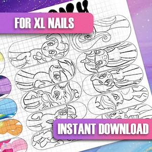 Kawaii Pony Nail Art Template | Digital Nail Stencil Sheet | Printable Nail Decals | DIY Nail Art Characters | Nail Art Transfer Guide