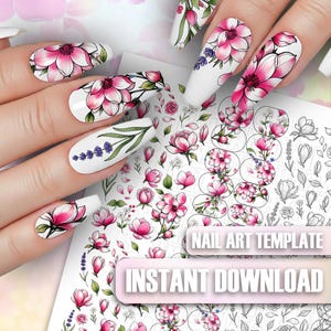 Op de afbeelding: Witte nail art sjablonen met roze bloemmotieven en lavendel takjes worden getoond naast verzorgde nagels met bijpassende bloemenkunst. De tekst "NAIL ART TEMPLATE" en "INSTANT DOWNLOAD" is zichtbaar op de sjabloon.