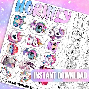 Arkusz ćwiczeń na paznokcie Kawaii Unicorn | Szablon projektu paznokci Fantasy Creature | Uroczy cyfrowy przewodnik po rysowaniu dla techników i artystów paznokci