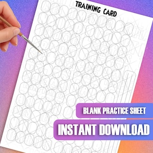 Peut inclure: Une carte d'entraînement blanche avec une grille de formes vides, intitulée "TRAINING CARD". Les mots "BLANK PRACTICE SHEET" et "INSTANT DOWNLOAD" sont sur la carte. Une main tient un pinceau.