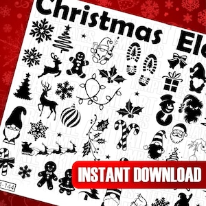 Może przedstawiać: Czarno-białe obrazy clipart świąteczne, w tym bałwan, renifer, piernikowy ludzik, laska cukrowa, choinka, dzwonek, skarpetka i gwiazda. Tekst "Natychmiastowe pobieranie" znajduje się na dole obrazu.