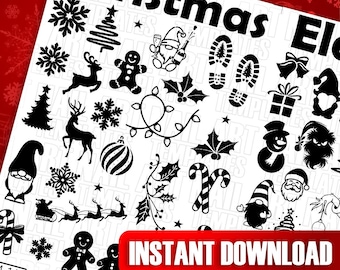 Nail Art Übungsbogen | Urlaub Digitale Schablonen Vorlagen | Wichtel, Schneeflocke, Rentier und Ornament | Druckbarer weihnachtlicher Nagel