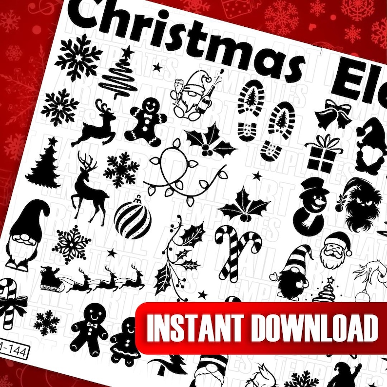 May include: Black and white Christmas clip art images, including a snowman, a reindeer, a gingerbread man, a candy cane, a Christmas tree, a bell, a stocking, and a star. The text "Instant Download" is at the bottom of the image.