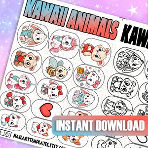 Kawaii Animal Nail Art Stickers | Cute Cartoon Nail Decals | Digital Nail Wraps | Printable Nail Stickers | Manicure Art Template