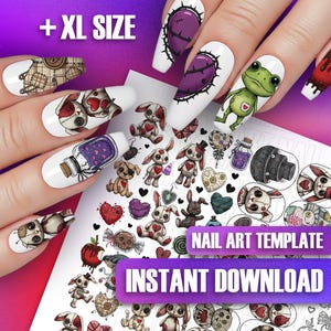 Puede incluir: Una plantilla de arte de uñas con una variedad de diseños, incluyendo conejitos de dibujos animados, corazones y una rana. Las uñas de la imagen están decoradas con diseños similares. El texto "+ XL SIZE", "NAIL ART TEMPLATE" y "INSTANT DOWNLOAD" son visibles.