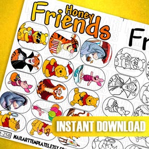 Printable Nail Art Template - Cute Honey Friends | Character Nail Decals | Kawaii Nails | Practice Sheet for Nail Artists | Long Nail Design