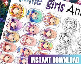 Kawaii Anime Girls Nail Art Template | Digital Nail Decals Sheet | Pastel Manga Stickers | DIY Cute Practice Design for Nails Printable