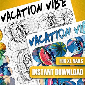 Pack de modèles de décoration d'ongles Tropical Beach Vibe | Dessins d'été extraterrestres bleus mignons | Stickers ongles DIY imprimables | Feuilles de nail art pour les vacances amusantes