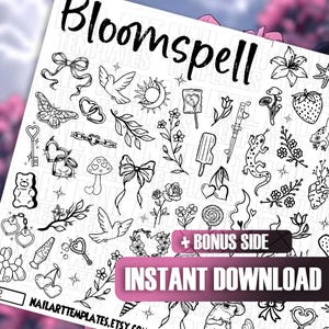 Peut inclure: Feuille d'art en ligne noir et blanc intitulée "Bloomspell" avec diverses illustrations, dont un papillon, des cœurs, des nœuds, des fleurs et un lézard. La feuille comprend également le texte "+ BONUS SIDE" et "INSTANT DOWNLOAD".