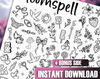 Plantilla de diseño de uñas caprichoso / Diseño de uñas con flores lindas / Calcomanías de uñas imprimibles kawaii / Clipart dibujado a mano / Calcomanías de uñas estéticas bohemias